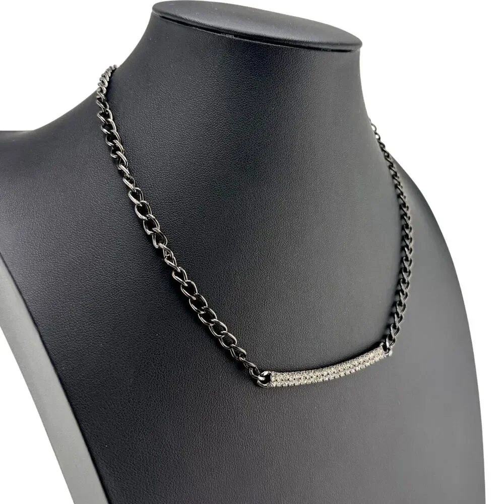 Guess Modern Rhinestone Pave Curved Bar Gunmetal Pendant 17